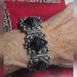 RARE Vintage Mexican Sterling Silver Black Onyx Heavy Link Bracelet